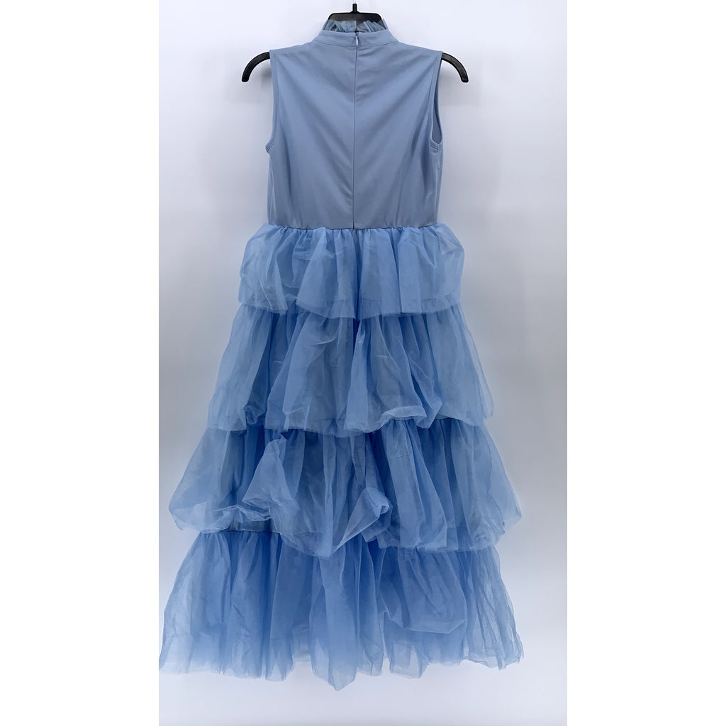 UNBRANDED Women's Light Blue Tulle Tiered Mock-Neck Sleeveless Maxi Dress SZ M