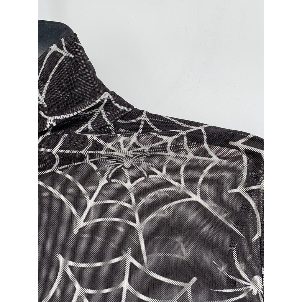 SHEIN Women's Black-White Mesh Spider Web Print Long Sleeve Mock Crop Top SZ 6