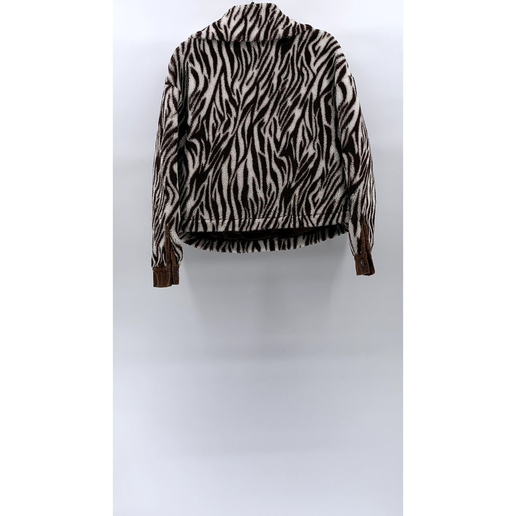 HOUSE OF SUNNY Women’s Brown-Cream Zebra Print Half-Button Teddy Sweater SZ 4