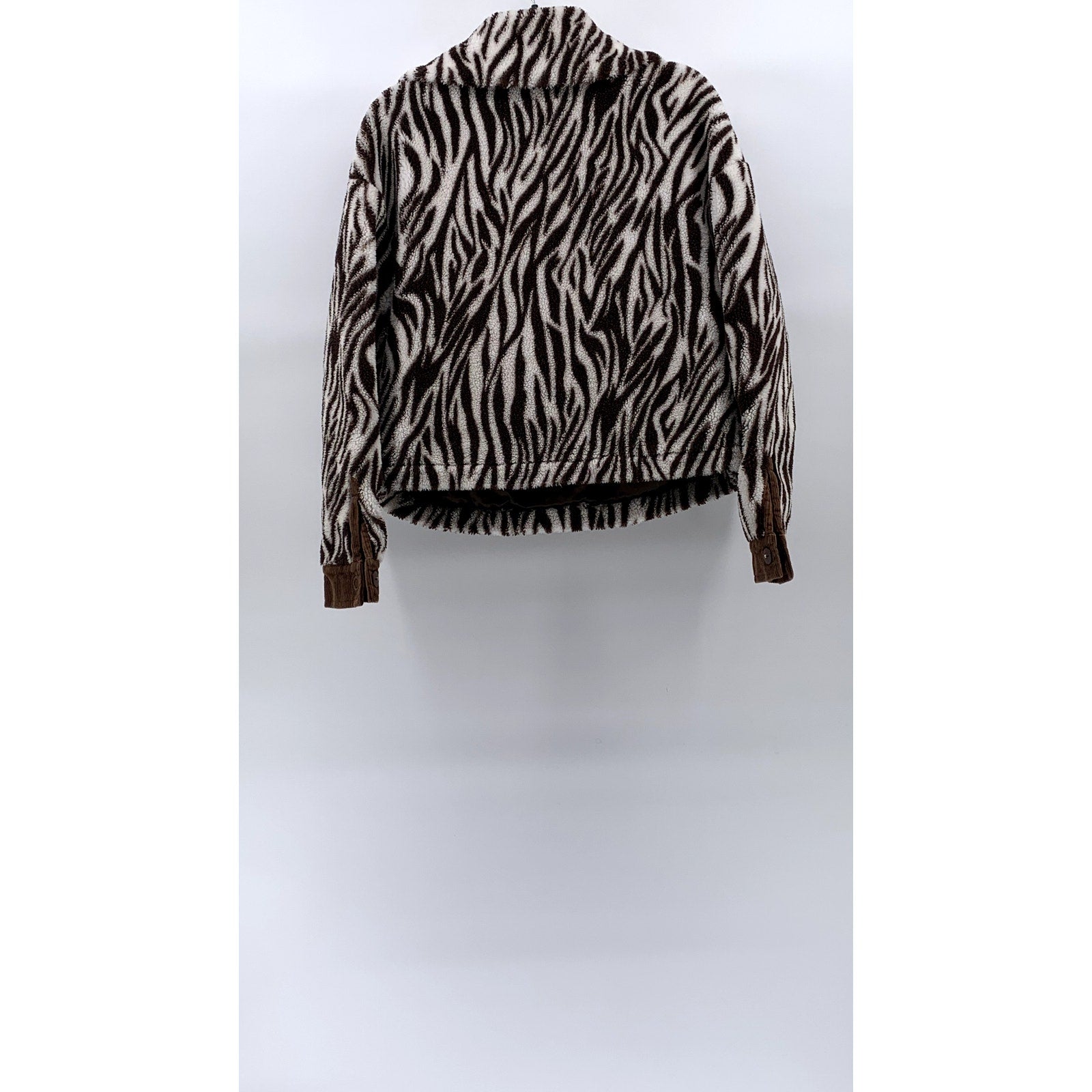 HOUSE OF SUNNY Women’s Brown-Cream Zebra Print Half-Button Teddy Sweater SZ 4