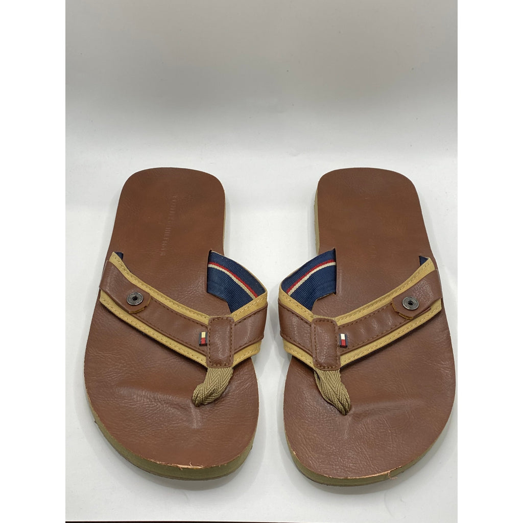 TOMMY HILFIGER Men's Brown Open-Round Toe Faux Leather Flip-Flop Sandals SZ 8