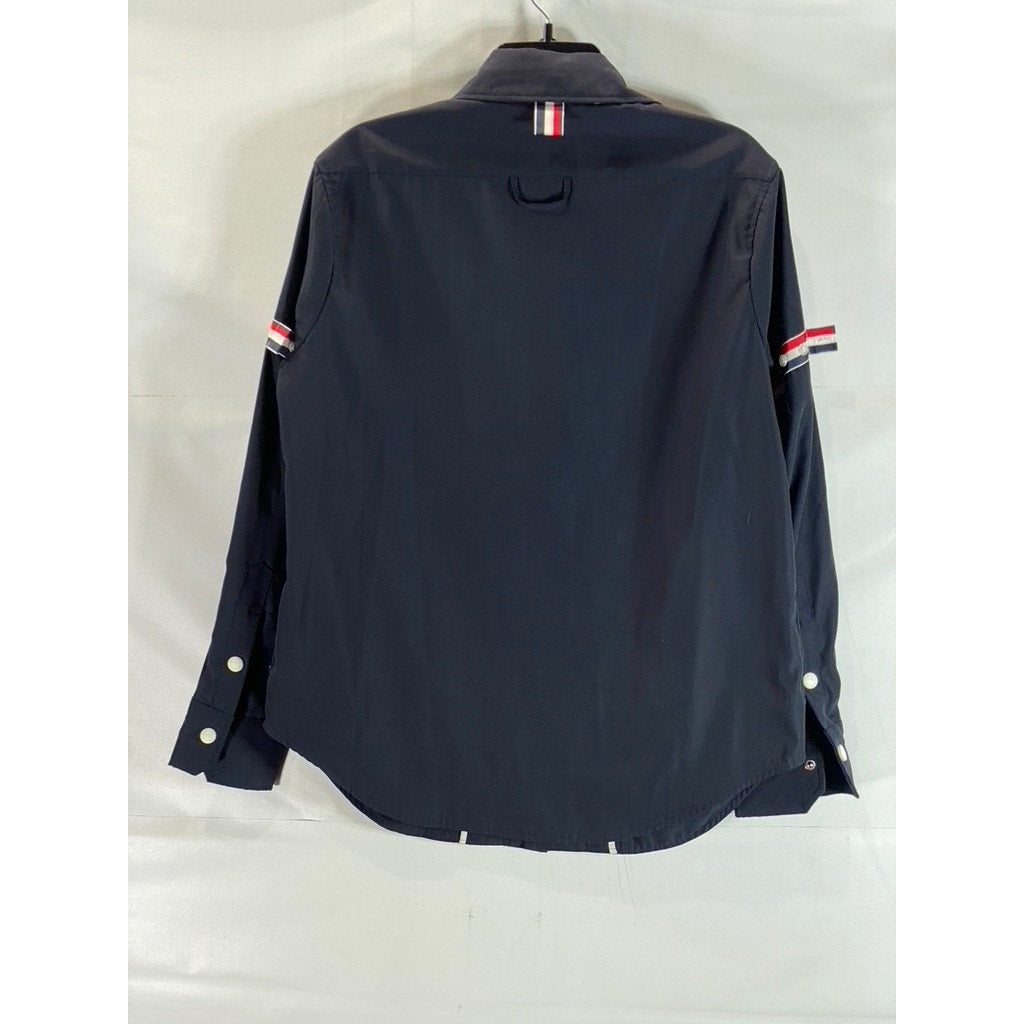 THOM BROWNE Men's Navy Stripe Armband Patch Button-Up Shirt Jacket SZ 1(S)