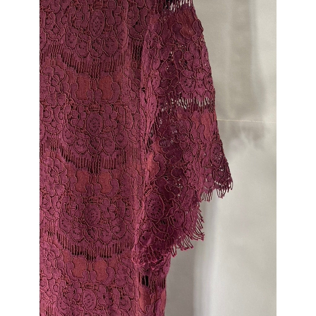 LULUS Women’s Burgundy Crewneck Take Me To Lunch Lace Short Sleeve Dress SZ S
