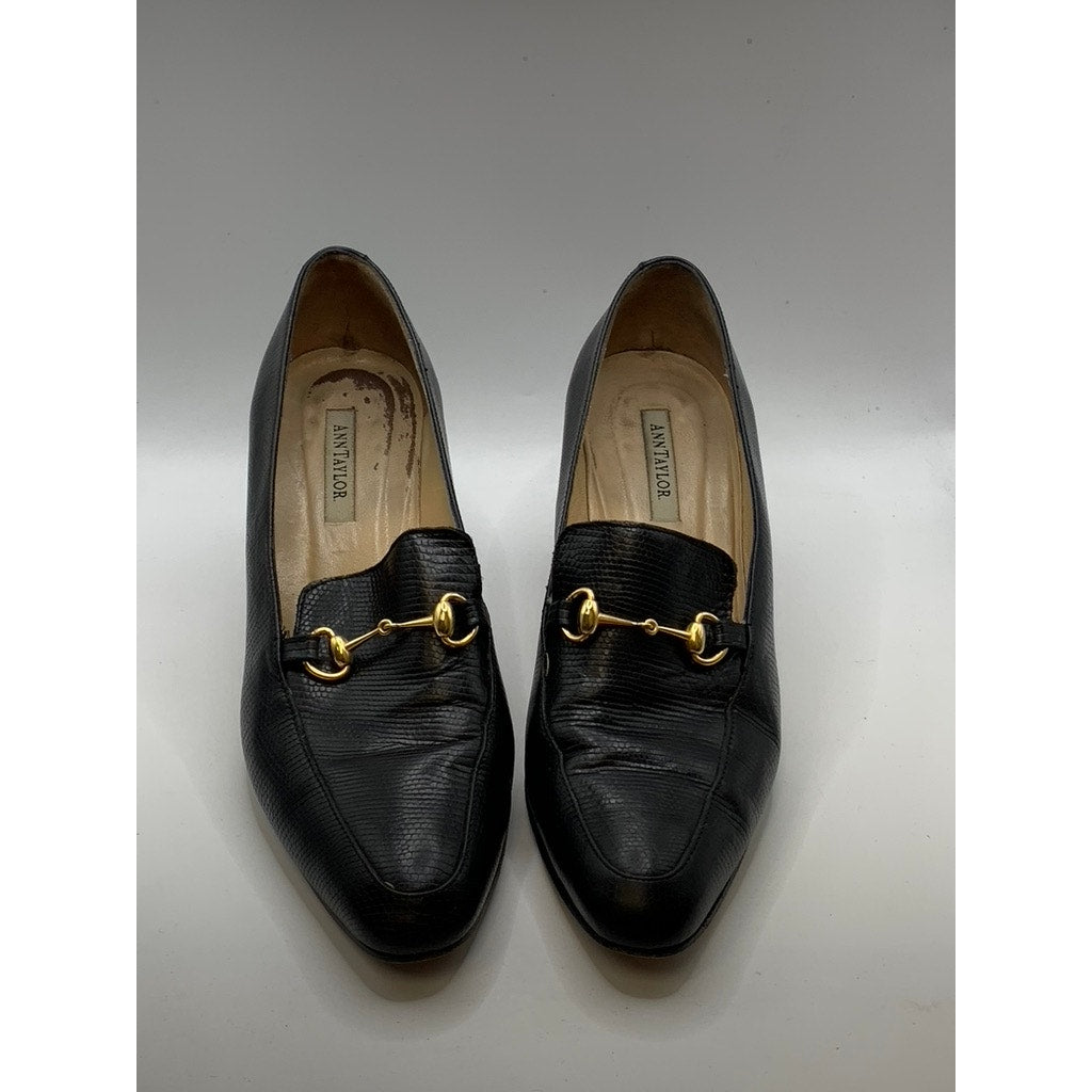 ANN TAYLOR Women's Black Textured Leather Horsebit Heeled Loafers SZ 8