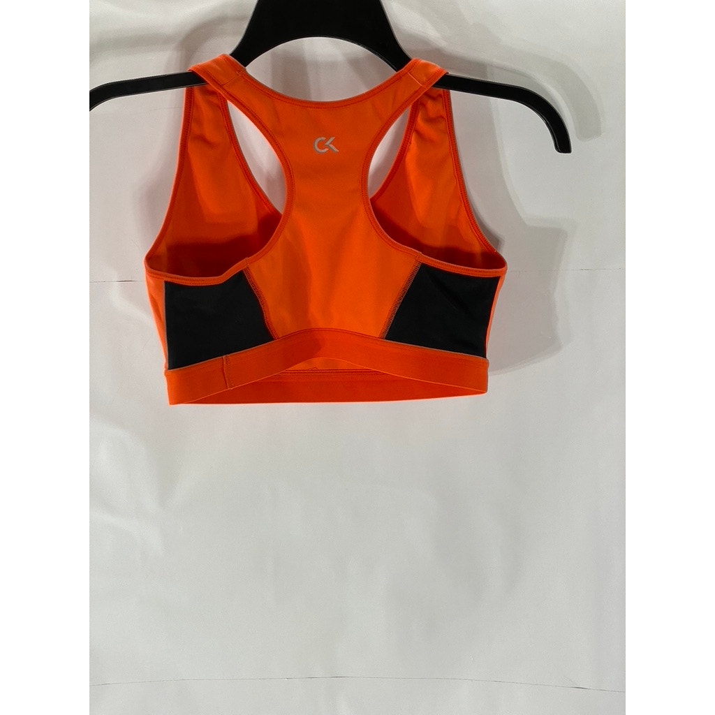 CALVIN KLEIN Women's Orange-Black Logo Scoop-Neck Racerback Sports Bra SZ S