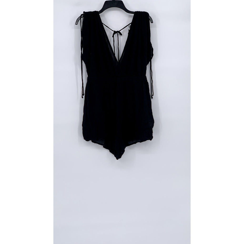 ASOS DESIGN Women's Black Crinkle Tie-Shoulder V-Neck Semi Sheer Romper SZ 8