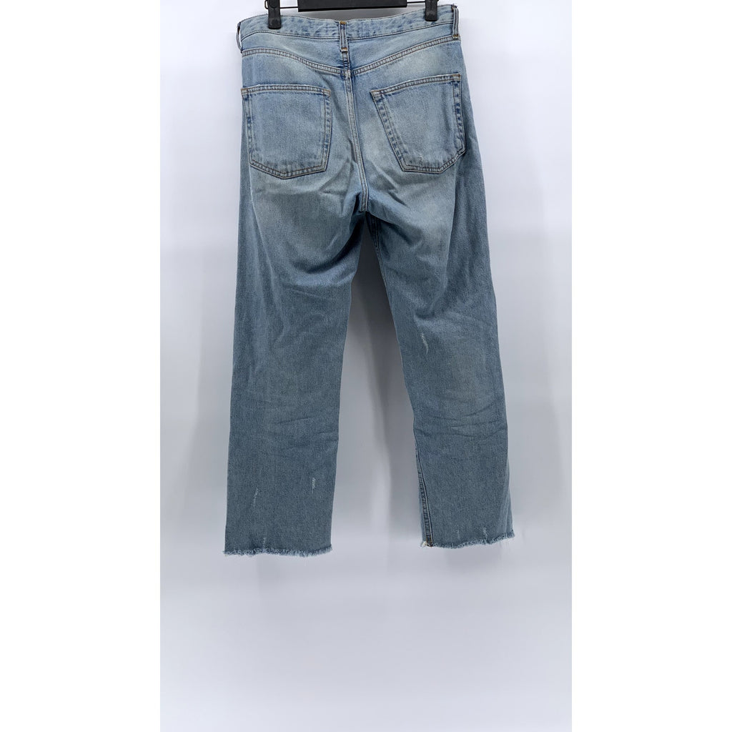 ZARA Women's Light Wash Blue Denim Straight-Leg Raw-Hem Five-Pocket Jeans SZ 4