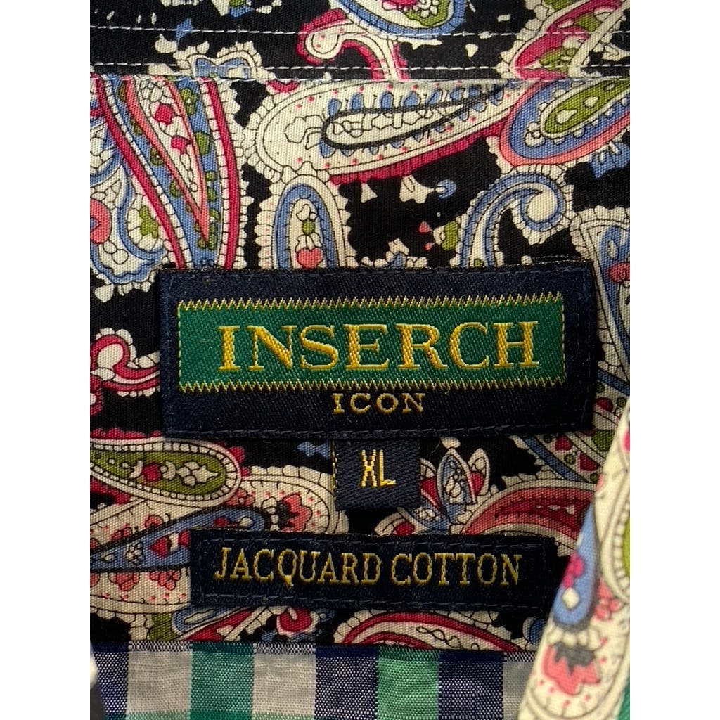 INSERCH ICON Men's Green Check Jacquard Cotton Button-Up Flip Cuff Shirt SZ XL