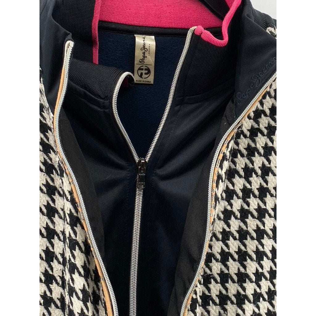 PEPE JEANS Women’s Vintage Black-Beige Hundstooth Double Zip Up Jacket SZ S