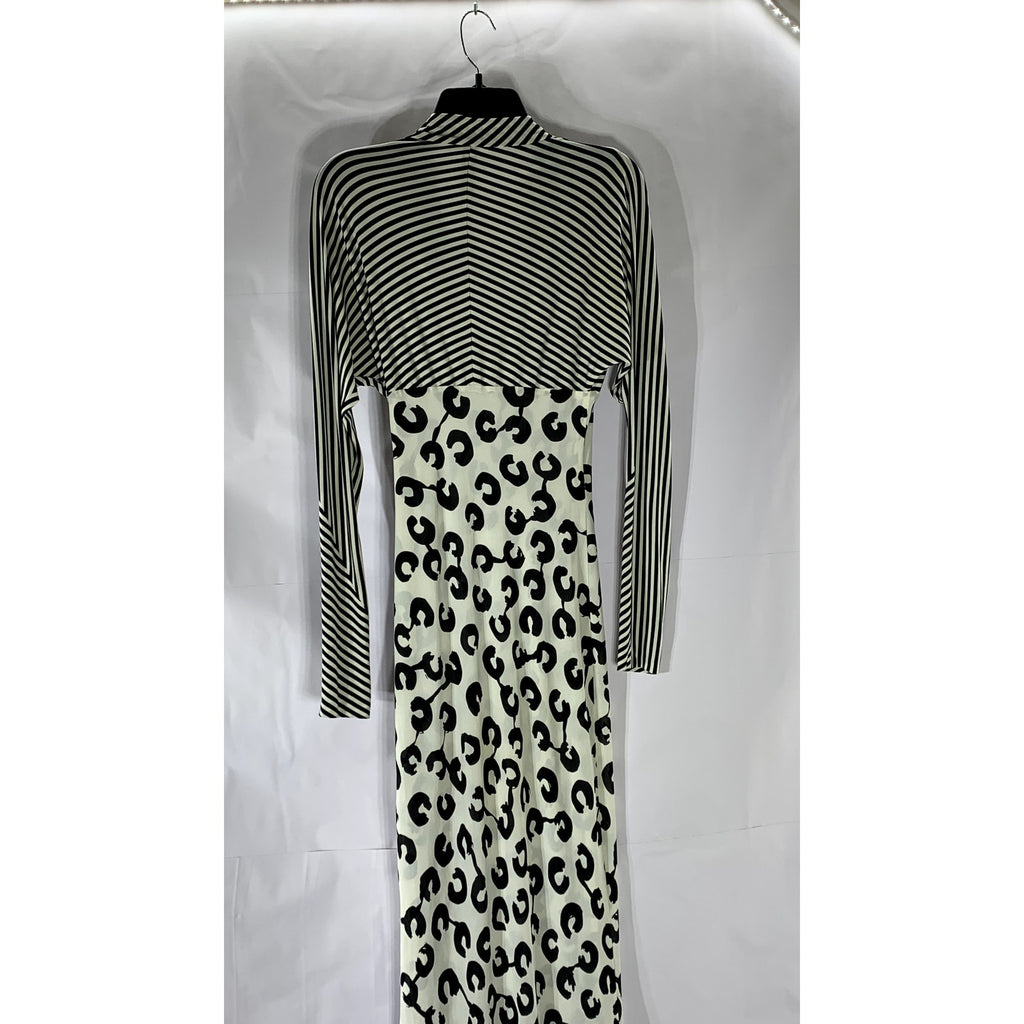 LILY Women's Black-White Striped-Printed Tie-Front Long Sleeve Maxi Dress SZ S