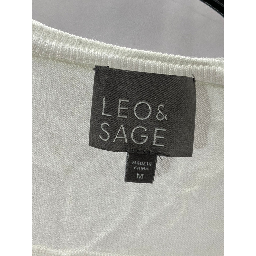 LEO & SAGE Women's White V-Neck Knit 3/4 Sleeve Top SZ M