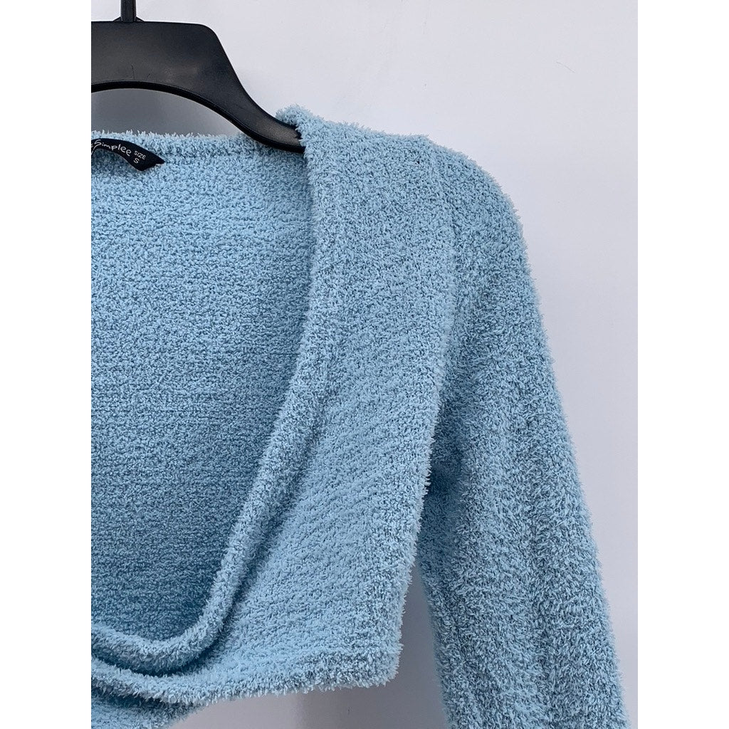 SIMPLEE Women's Blue Textured Long Sleeve Twist Front Crop Top SZ S