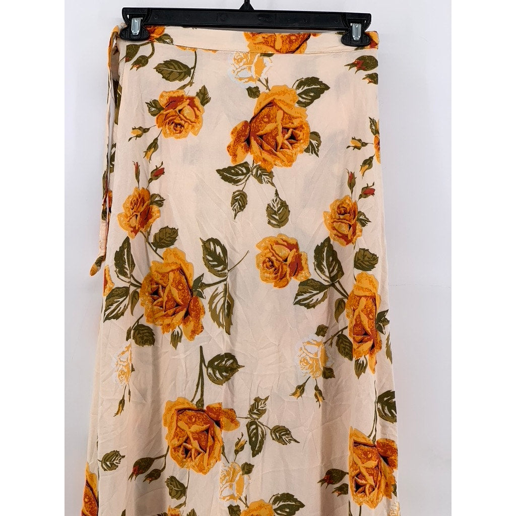 FREE2BU Women's Beige-Orange Floral Print Wrap Maxi Skirt SZ 12