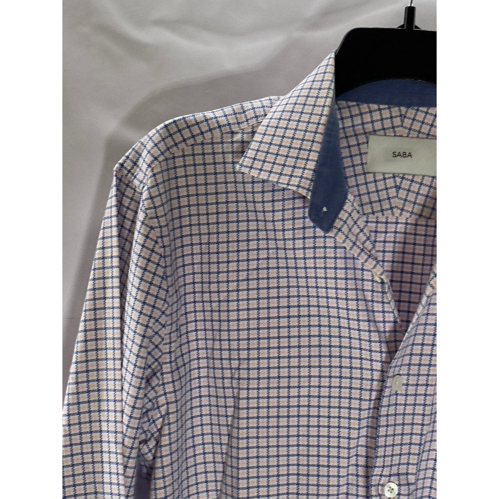 SABA Men's Blue-Pink Grid Print Classic-Fit Button-Up Long Sleeve Shirt SZ M