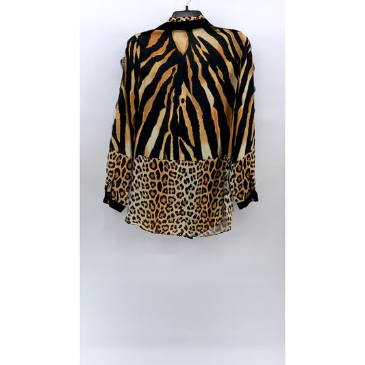 GENESE Women's Black-Brown Animal Print Long Sleeve Button-Up Top SZ 2