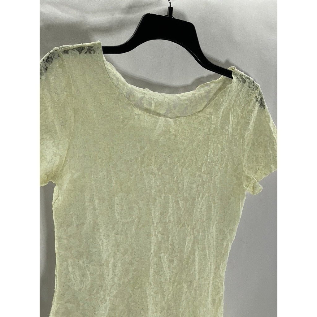 UNBRANDED Women's Cream Lace Floral Scoop-Neck Short Sleeve Top SZ S