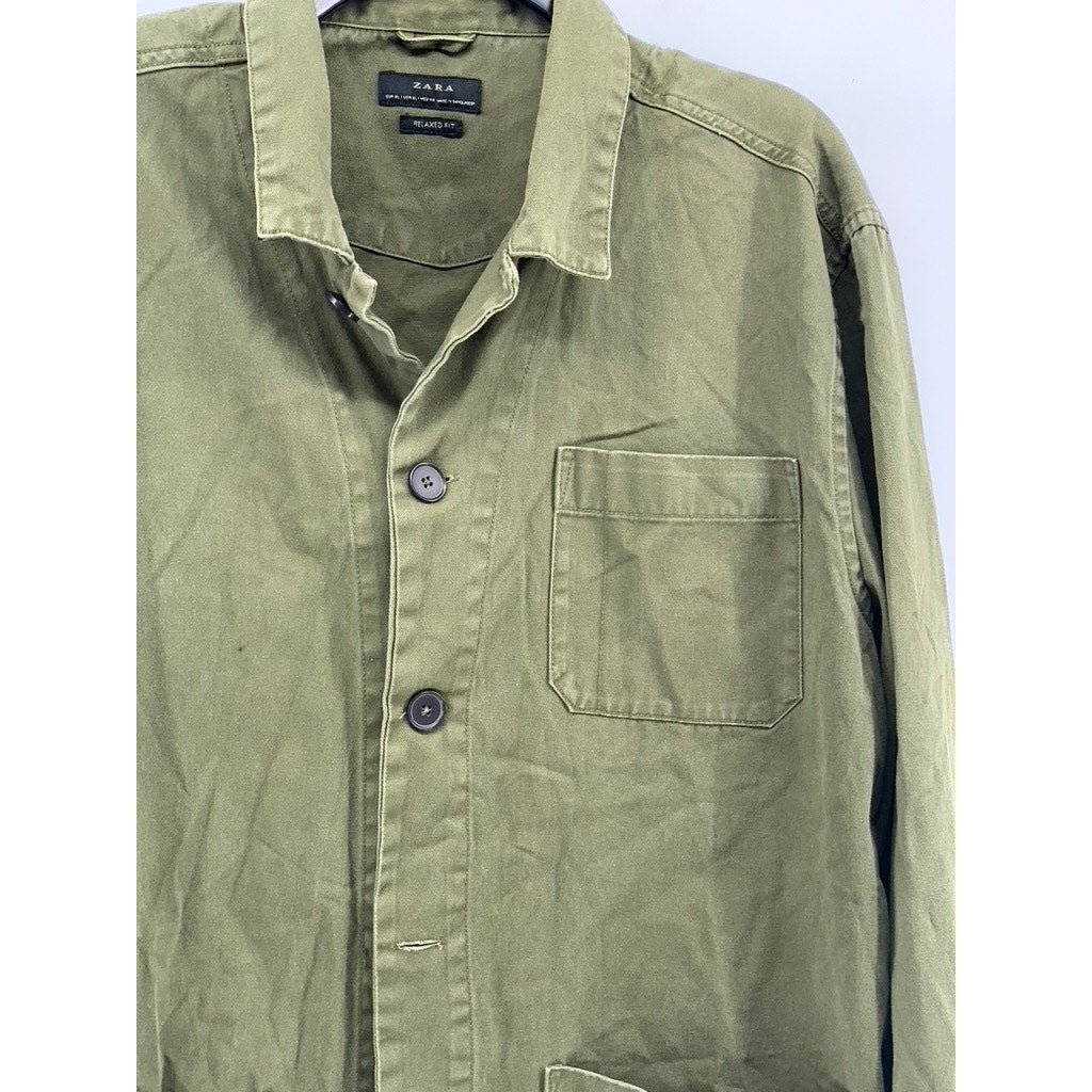 ZARA Men's Olive Green Relaxed Fit Long Sleeve Button-Up Shirt SZ XL