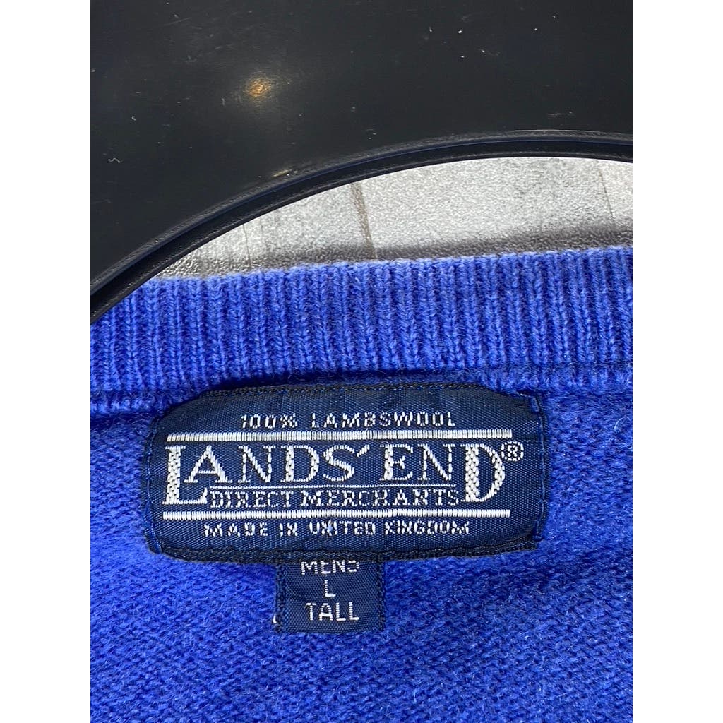 LANDS' END Men's Tall Royal Blue V-Neck Lambswool Pullover Sweater SZ L/T