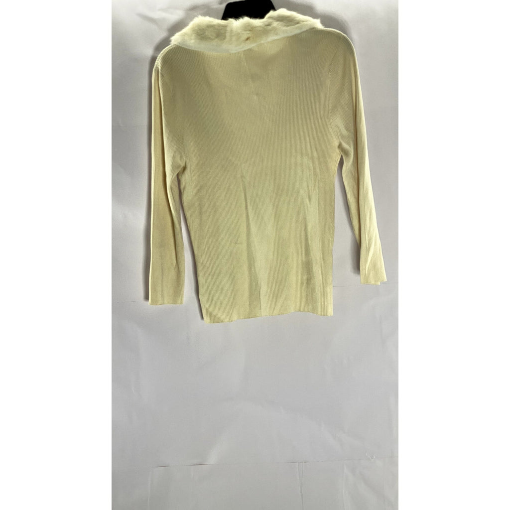 WHITE HOUSE BLACK MARKET Women's Beige Fur-Collar Ribbed Button-Up Cardigan SZ M