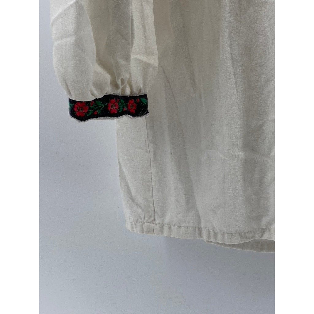 UNBRANDED Women's White-Red-Black Floral Embroidered Relaxed Fit Top SZ L