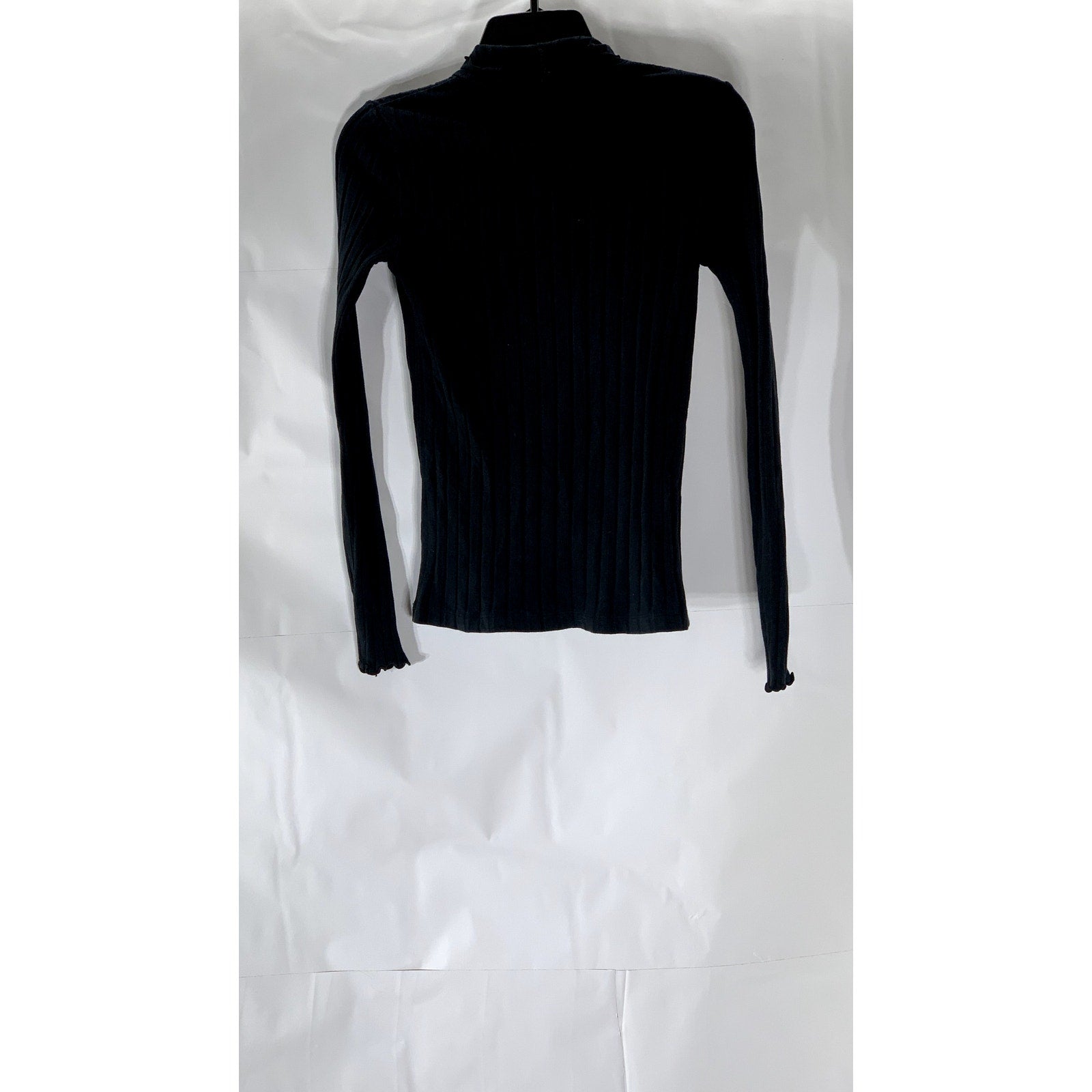 MADEWELL Women's Black Wide-Rib Lettuce-Trim Mock-Neck Long Sleeve Top SZ XS