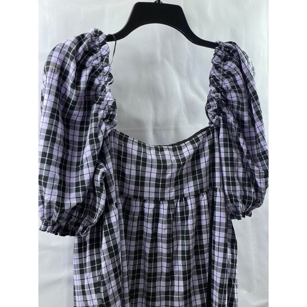 DIVIDED BY H&M Women's Purple-Black Sear Sucker Puff-Sleeve Mini Dress SZ M