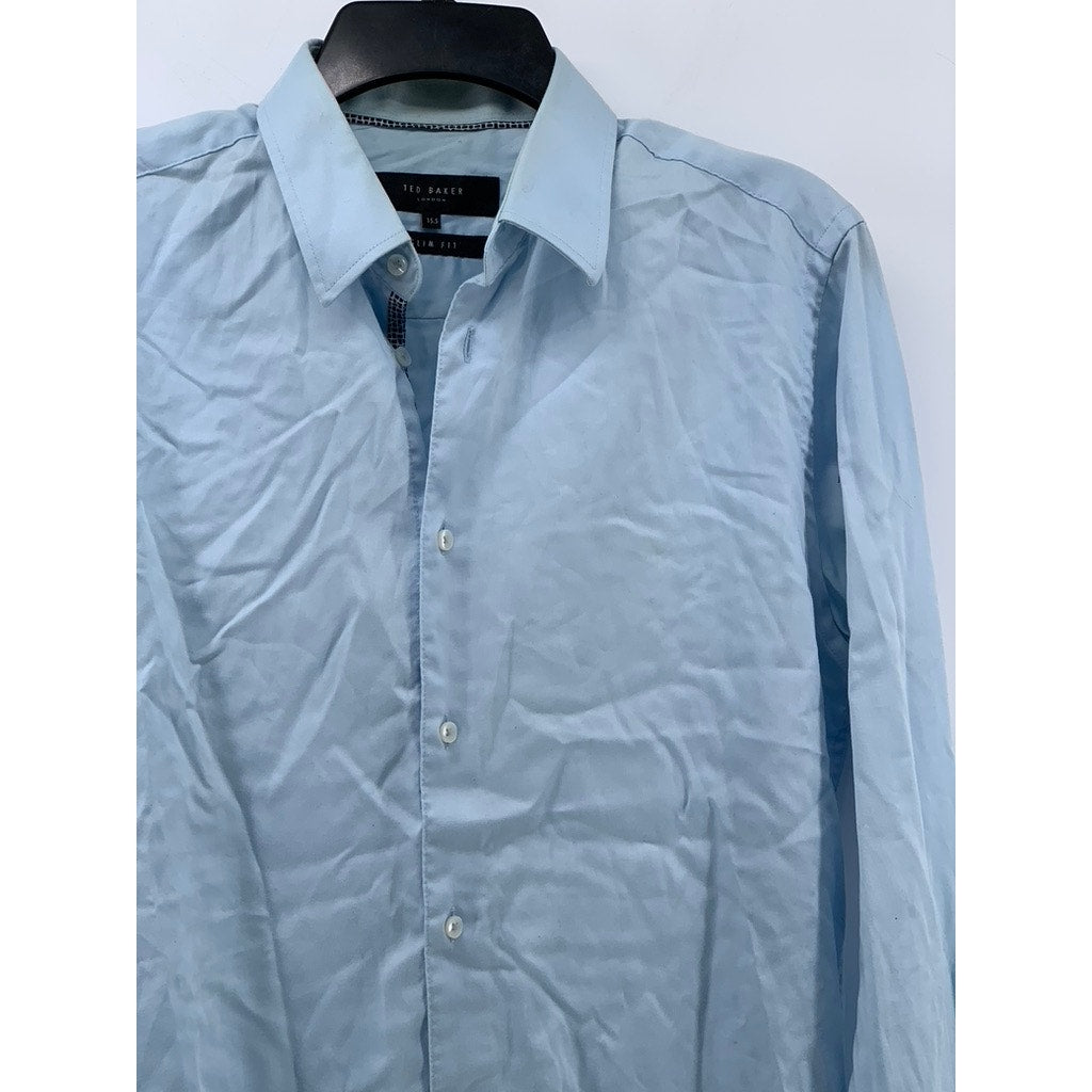 TED BAKER LONDON Men's Blue Slim-Fit Plain Button-Up Shirt SZ 15.5