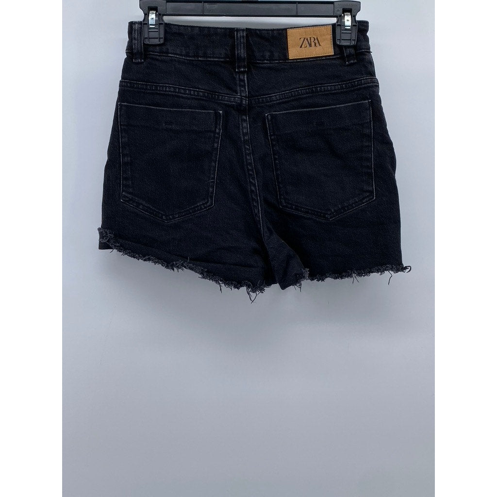 ZARA Women's Black Denim Regular-Fit Raw-Hem Cotton Shorts SZ 4