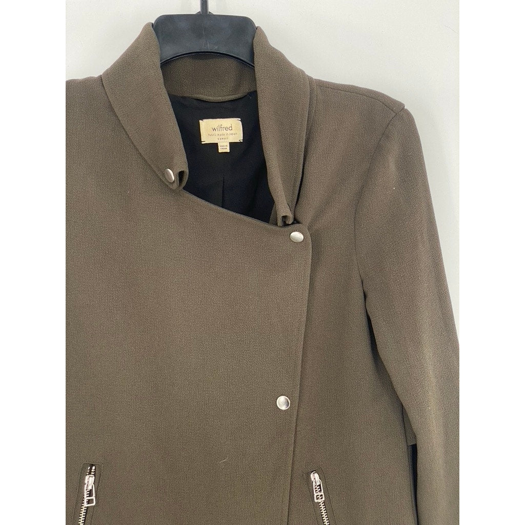 WILFRED Women’s Olive Green Mayet Asymmetrical Button-Up Moto Jacket SZ XS