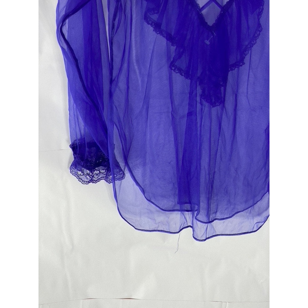 UNBRANDED Women’s Royal Blue Sheer V-Neck Lace-Up Ruffle Long Sleeve Top SZ M