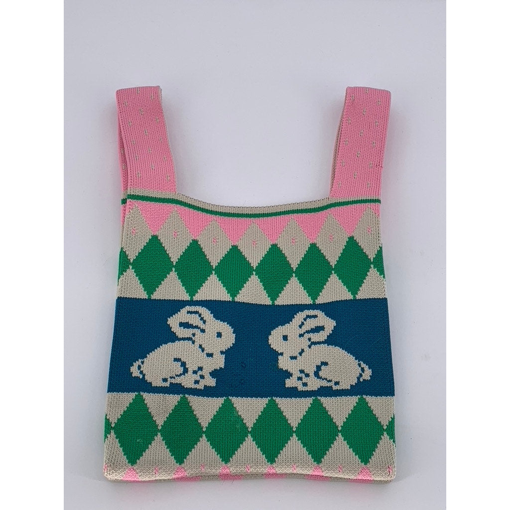 UNBRANDED Women's Pink-Blue-Green Rabbit Print Handmade Small Tote Bag SZ OS