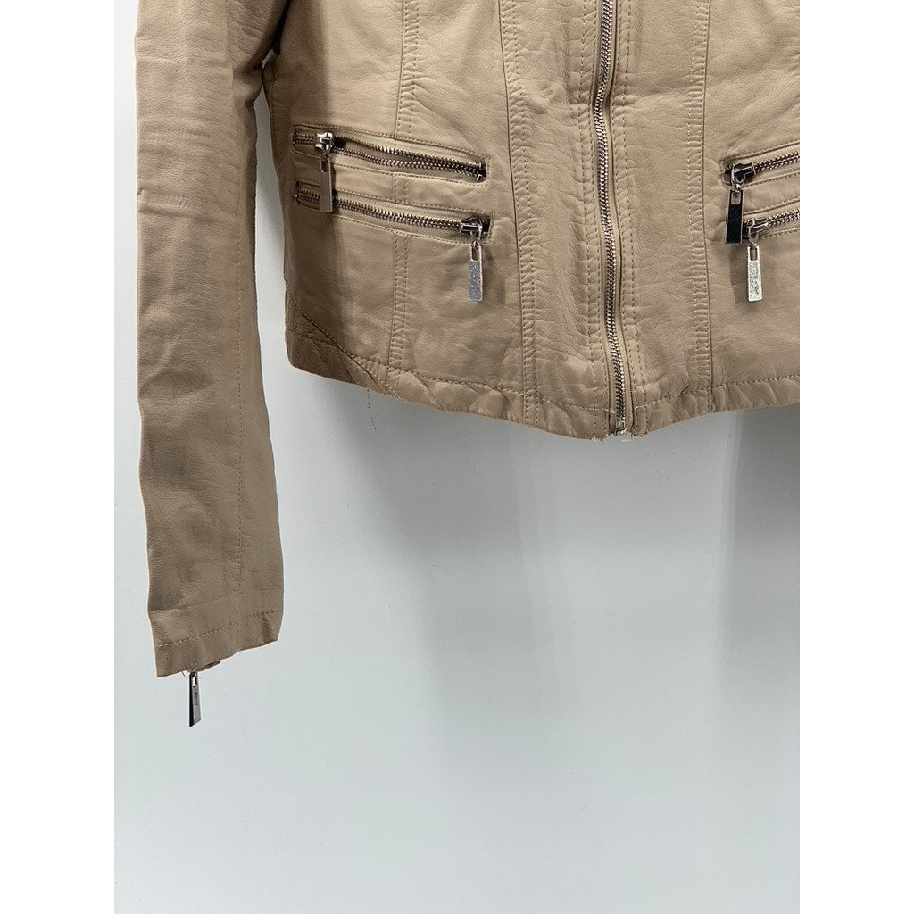 JOUJOU Women's Beige Faux-Leather Collarless Zip-Up Moto Jacket SZ M