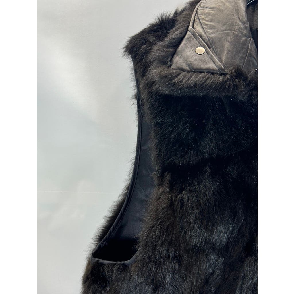 ANDREW MARC Women's Opossum Fur Leather Trim Bomber Zip Vest SZ L