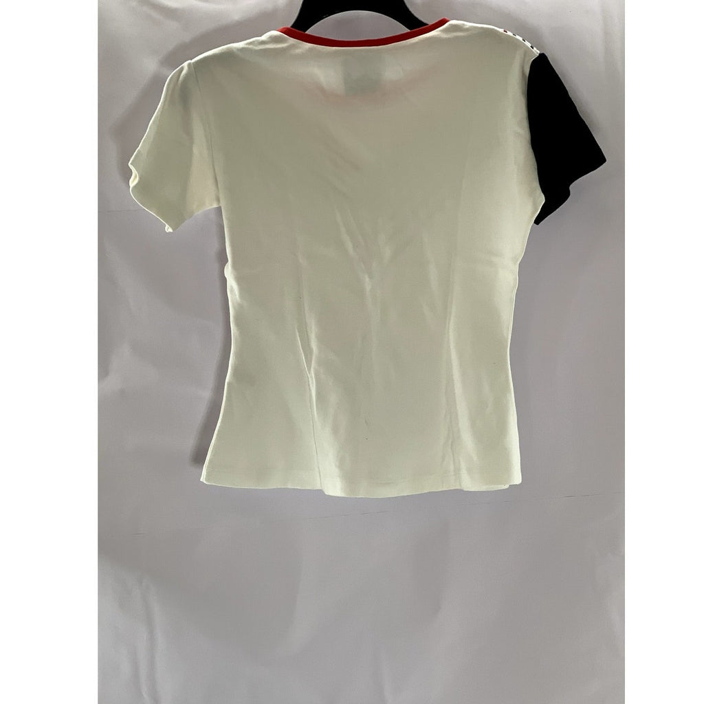 TIMUR KIM Women's White/Black/Red Striped Crewneck Short Sleeve Top SZ S