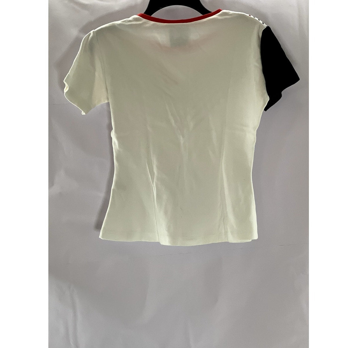 TIMUR KIM Women's White/Black/Red Striped Crewneck Short Sleeve Top SZ S