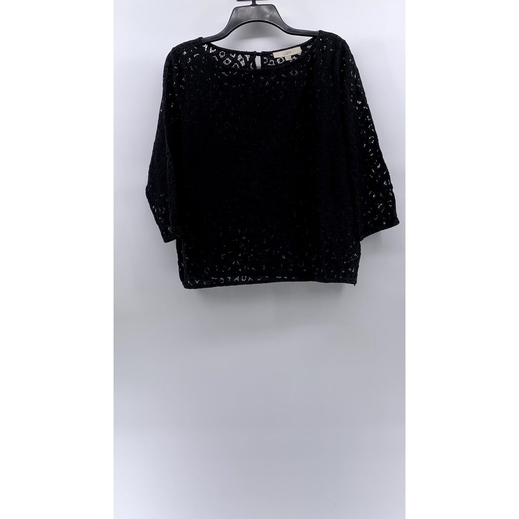 LOFT Women's Black Lace Relaxed Fit Boat-Neck Long Sleeve Top SZ M