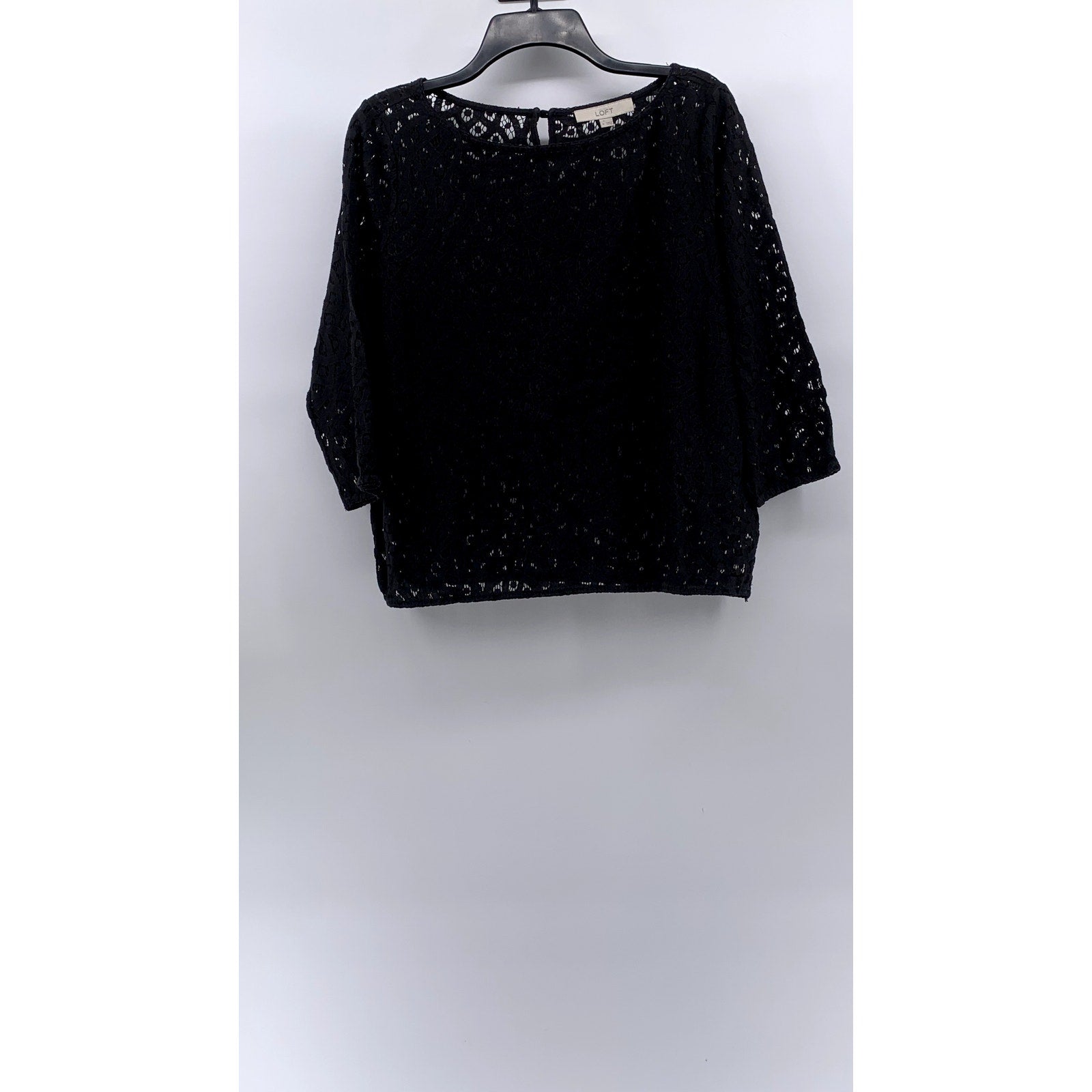 LOFT Women's Black Lace Relaxed Fit Boat-Neck Long Sleeve Top SZ M