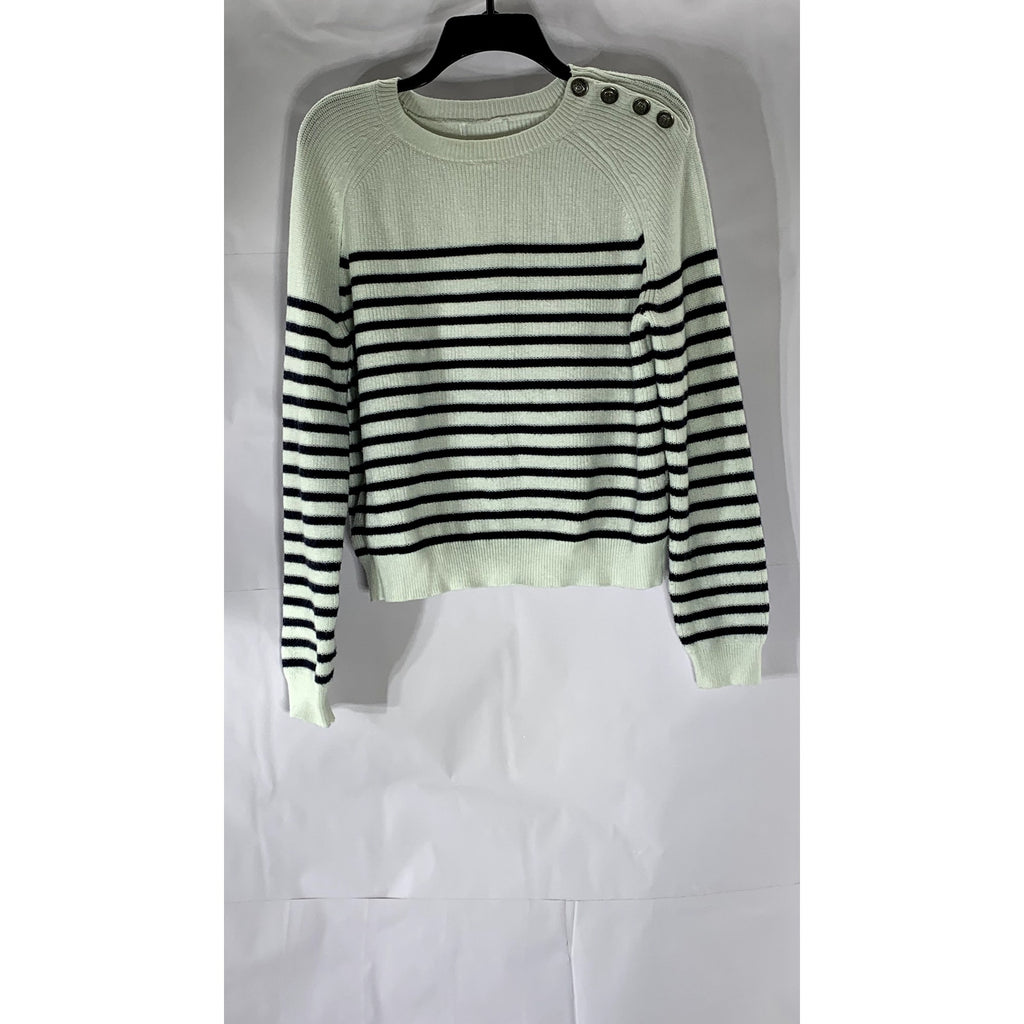 UNBRANDED Women's White-Black Striped Knit Button-Detail Wool-Blend Sweater SZXL