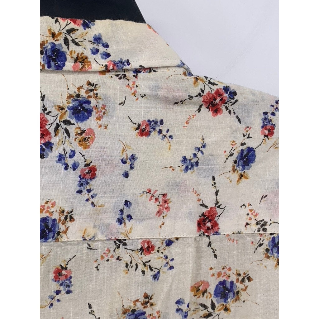 ZARA Men's Off-White Floral Print Button-Up Slim-Fit Long Sleeve Shirt SZ M