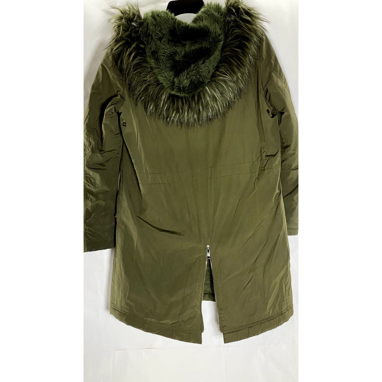 MAVI DENIM WEAR Women's Green Olive Zip-Up Faux-Fur Hooded Back Parka Jacket SZS