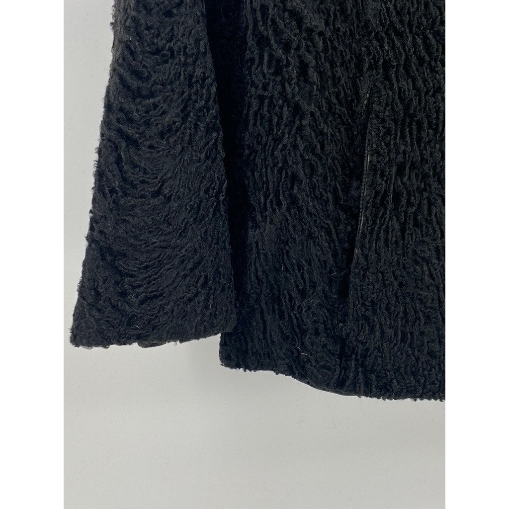 UNBRANDED Women's Black Textured Faux-Fur Collared Single Button Coat SZ M