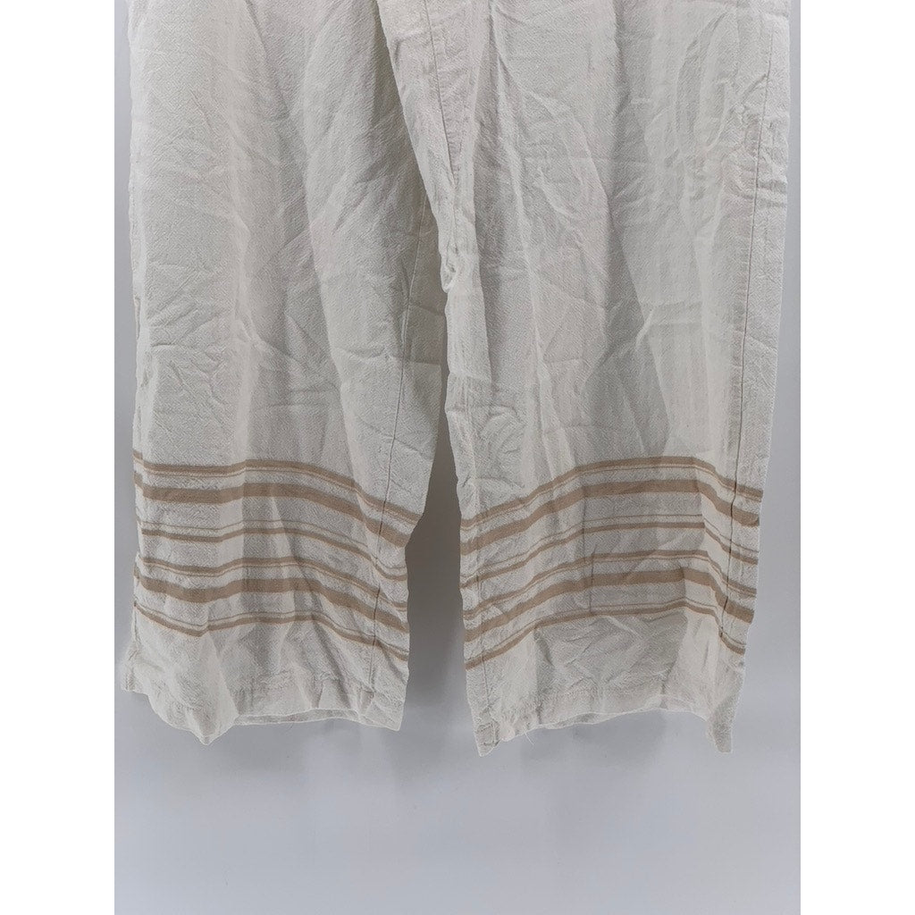 CROSBY Women's White-Tan Linen-Blend Pull-On Striped Cuff Wide-Leg Pant SZ L