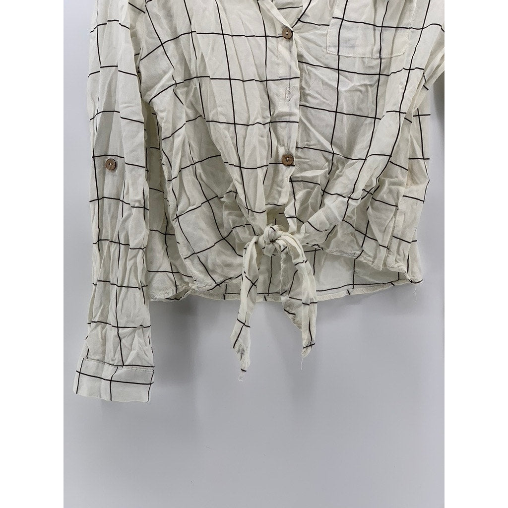 LOVE NOTES Women's White-Black Windowpane Tie-Front Button-Up Top SZ M