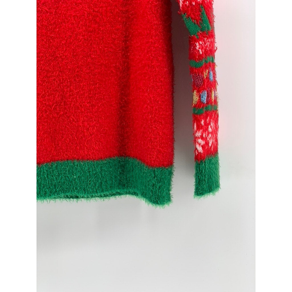 HOLIDAY TIME Girls' Plus Red-Green Faux-Fur Reindeer Knit Sweater SZ L(10/12)