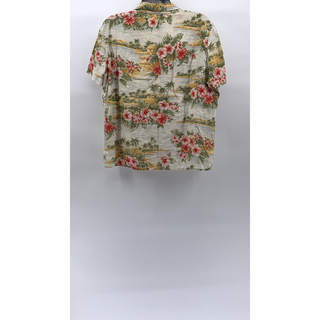 JONES NEW YORK SPORT Women's Tan Linen Floral Button-Up Short Sleeve Top SZ L