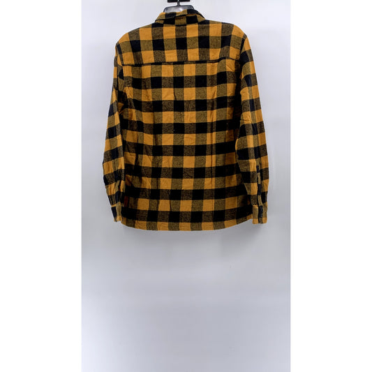 BERSKHA Men's Black-Yellow Plaid Regular-Fit Button-Up Long Sleeve Shirt SZ M