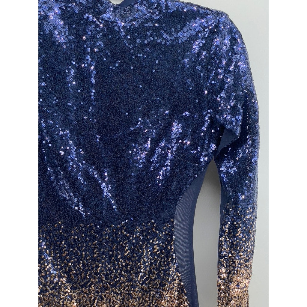 FASHION NOVA Women's Navy-Gold Ombre Sequin Dimmed With Smoke Mini Dress SZ S