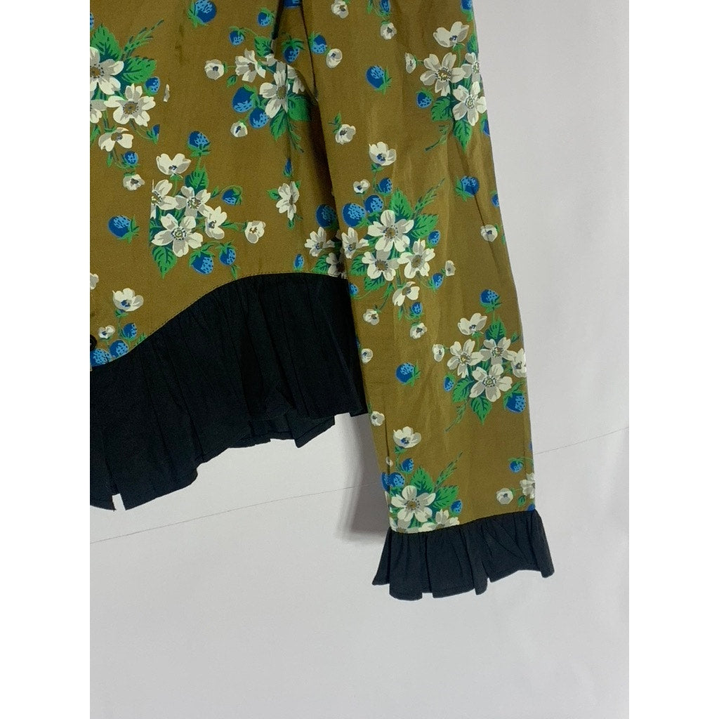 UNBRANDED Women's Green Floral Ruffle Button-Up Long Sleeve Top SZ S