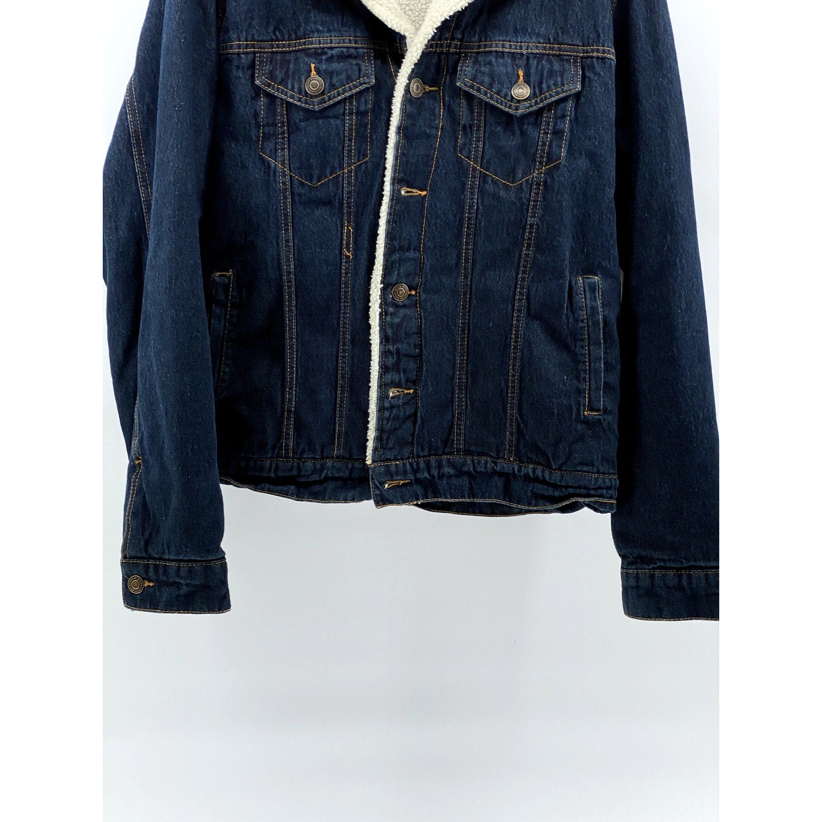 RSQ Men's Dark Blue Denim Button-Up Long Sleeve Sherpa Lined Jean Jacket SZ S