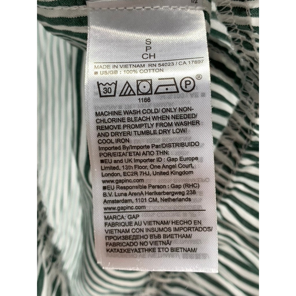 GAP Women's Green-White Striped Ruffle Hem Button-Up Long Sleeve Top SZ S